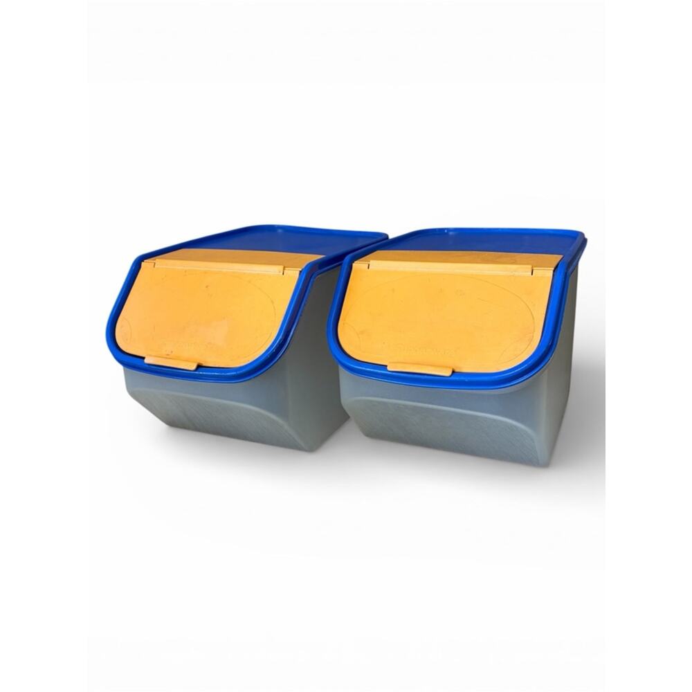 2 Tupperware Blue and Orange Plastic Storage‎ Bins with Flip Lids 5.5 L / 5.5 qt